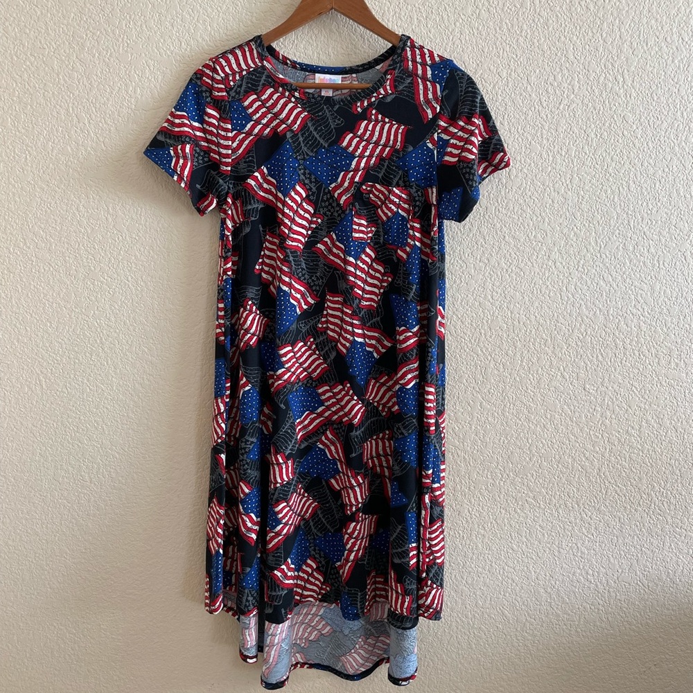 LuLaRoe Womens Size XS Swing Red White Blue patriotic Flags Carly Dress.